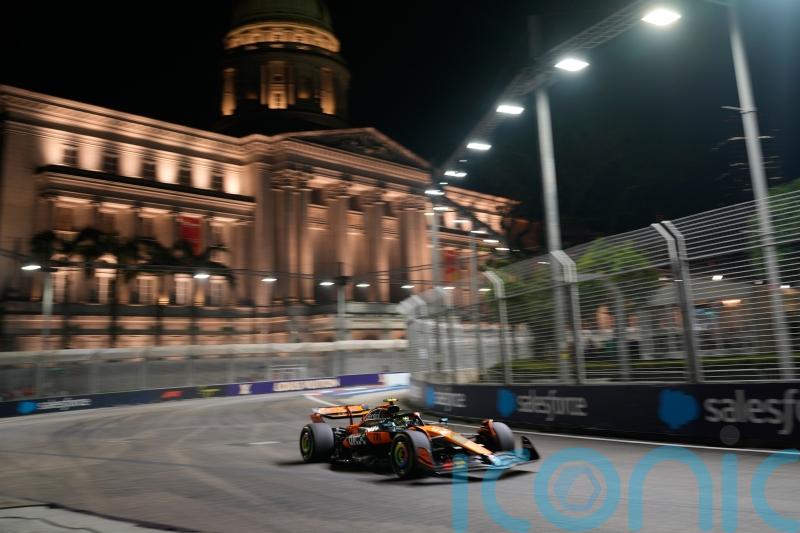 Lando Norris breaks front wing after pit collision during Singapore GP practice